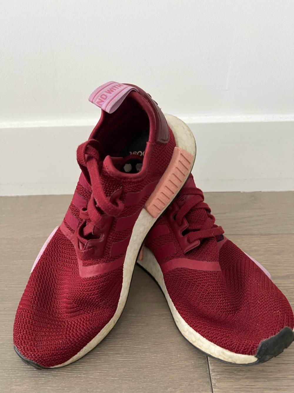 Adidas Knit Boost Sneakers in Burgundy and Pink